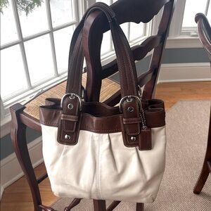 Coach Vintage Cream & Brown Leather Shoulder Bag/ Tote with Silver Hardware